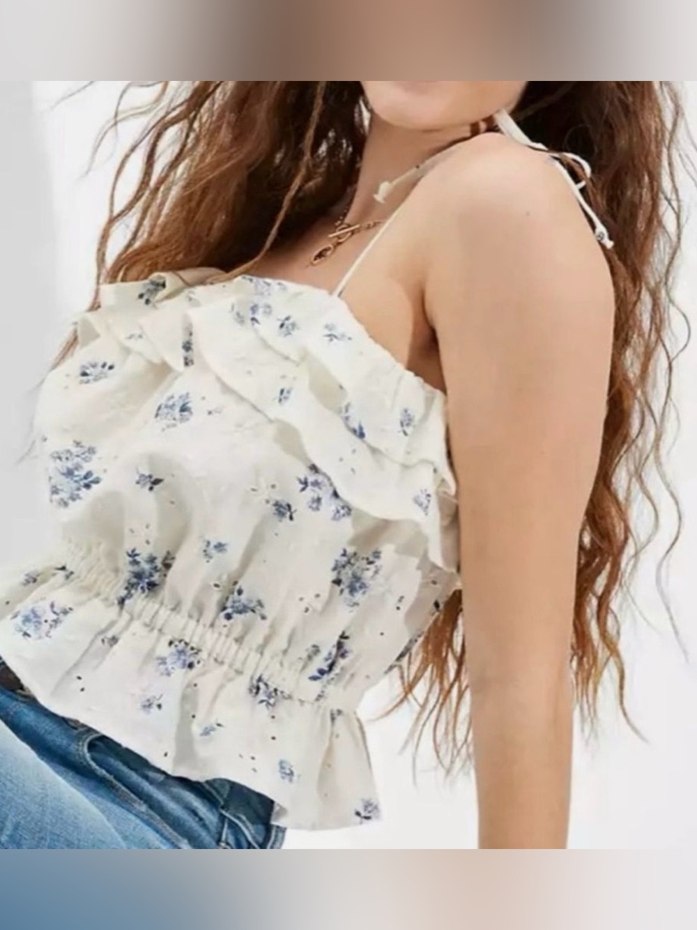 American Eagle white blue floral eyelet ruffle tie-strap boho crop top M